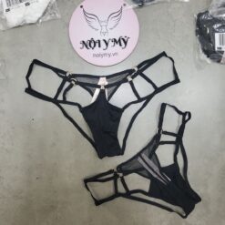 Quần lót Victoria Secret nửa mông hở mông thun lạnh phối khoen và ren lưới màu đen 418788qb4