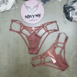 Quần lót Victoria Secret nửa mông hở mông thun lạnh phối khoen và ren lưới màu nâu 418788qe7