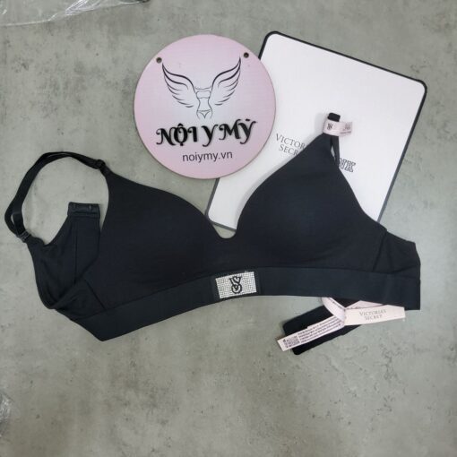 Áo lót Victoria Secret không nâng không gọng mút mỏng thun cotton màu đen đính đá logo 420296qb4