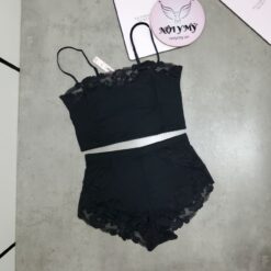 Set ngủ Victoria’s Secret áo 2 dây quần đùi thun cotton phối ren màu đen 153496qb4
