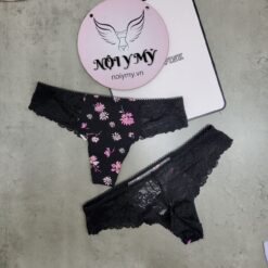 Quần lót Pink lọt khe thun lạnh phối ren màu đen hoa 27047124