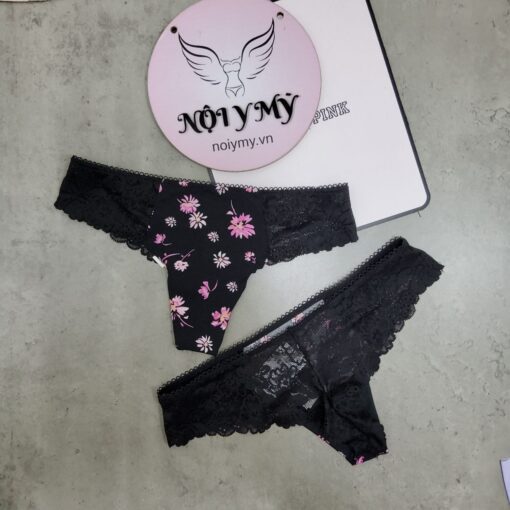 Quần lót Pink lọt khe thun lạnh phối ren màu đen hoa 27047124
