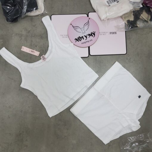Set ngủ Victoria’s Secret áo 2 dây quần đùi thun cotton màu trắng 423829qbf
