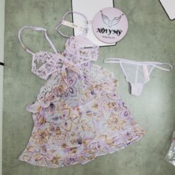 Set ngủ váy + quần lọt khe ren lưới phối voan màu tím hoa 425659sp9
