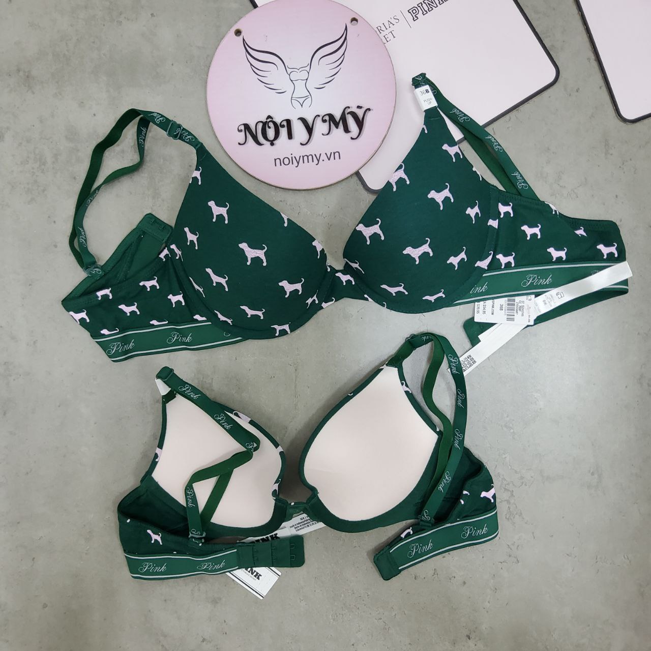 Áo lót Pink nâng vừa thun cotton màu xanh lá hoạ tiết 362481qcp