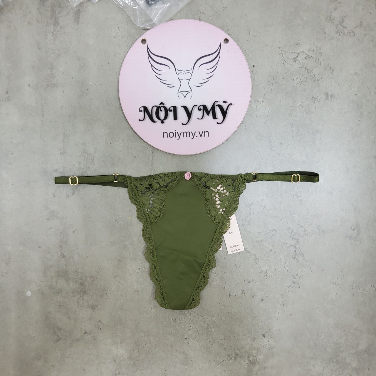 Quần lót Victoria Secret lọt khe dây điều chỉnh thun lạnh phối ren màu xanh rêu 419835qd6