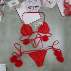 Set ngủ bikini Victoria's Secret satin phối ren màu đỏ 422139qd4