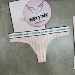 Quần lót Victoria Secret lọt khe thun cotton lưng logo màu hồng sọc trắng 415830spu