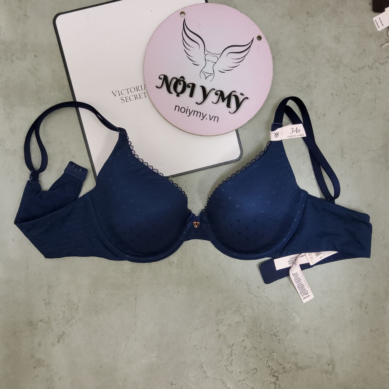 Áo lót Victoria Secret nguyên ngực không nâng mút mỏng thun lạnh màu xanh navy chấm bi 423587qd2