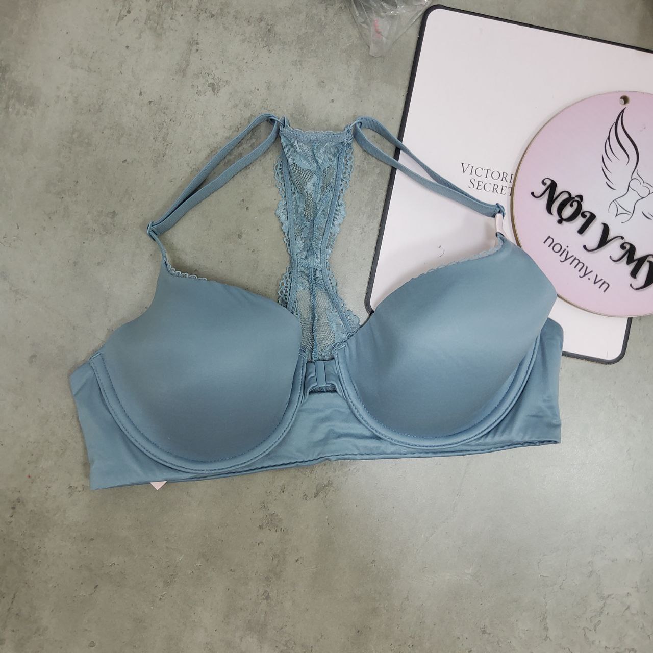 Áo lót Victoria Secret nguyên ngực không nâng mút mỏng cài trước thun lạnh màu xanh dương xám 423594qd2