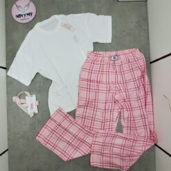 Set ngủ Victoria's Secret dài vải cotton màu caro hồng trắng đen 419567qpk