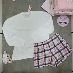 Set ngủ Victoria's Secret cotton áo trắng quần caro hồng 428584qbf (Sao chép)