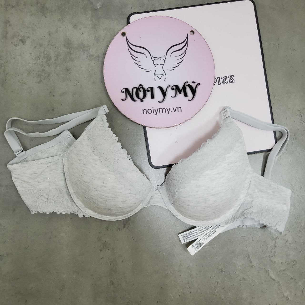 Áo lót Pink nâng vừa thun cotton viền ren màu xám 430635qcq