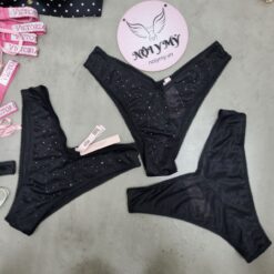 Quần lót Victoria Secret nửa mông thun lạnh màu đen kim sa đính đá 27179747