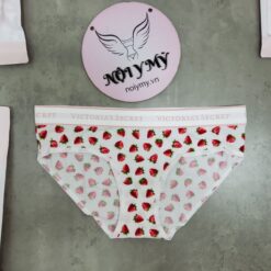 Quần lót Victoria’s Secret nguyên mông thun cotton lưng logo màu trắng dâu tây 415923 [HÃNG KHÔNG GẮN TEM]