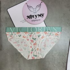 Quần lót Victoria’s Secret nguyên mông thun cotton lưng logo màu trắng kem hoa 433670