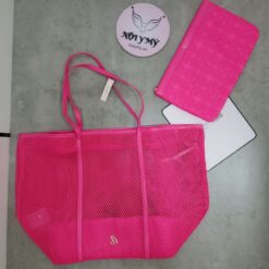 Set 2 cái: Túi VS lưới hồng khóa kéo Ngang 58x cao 37x đáy 22cm Kèm ví nhỏ