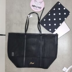 Set 2 cái :Túi Pink lưới đen khóa kéo Ngang 58x cao 37x đáy 22cm Kèm ví nhỏ đen bi